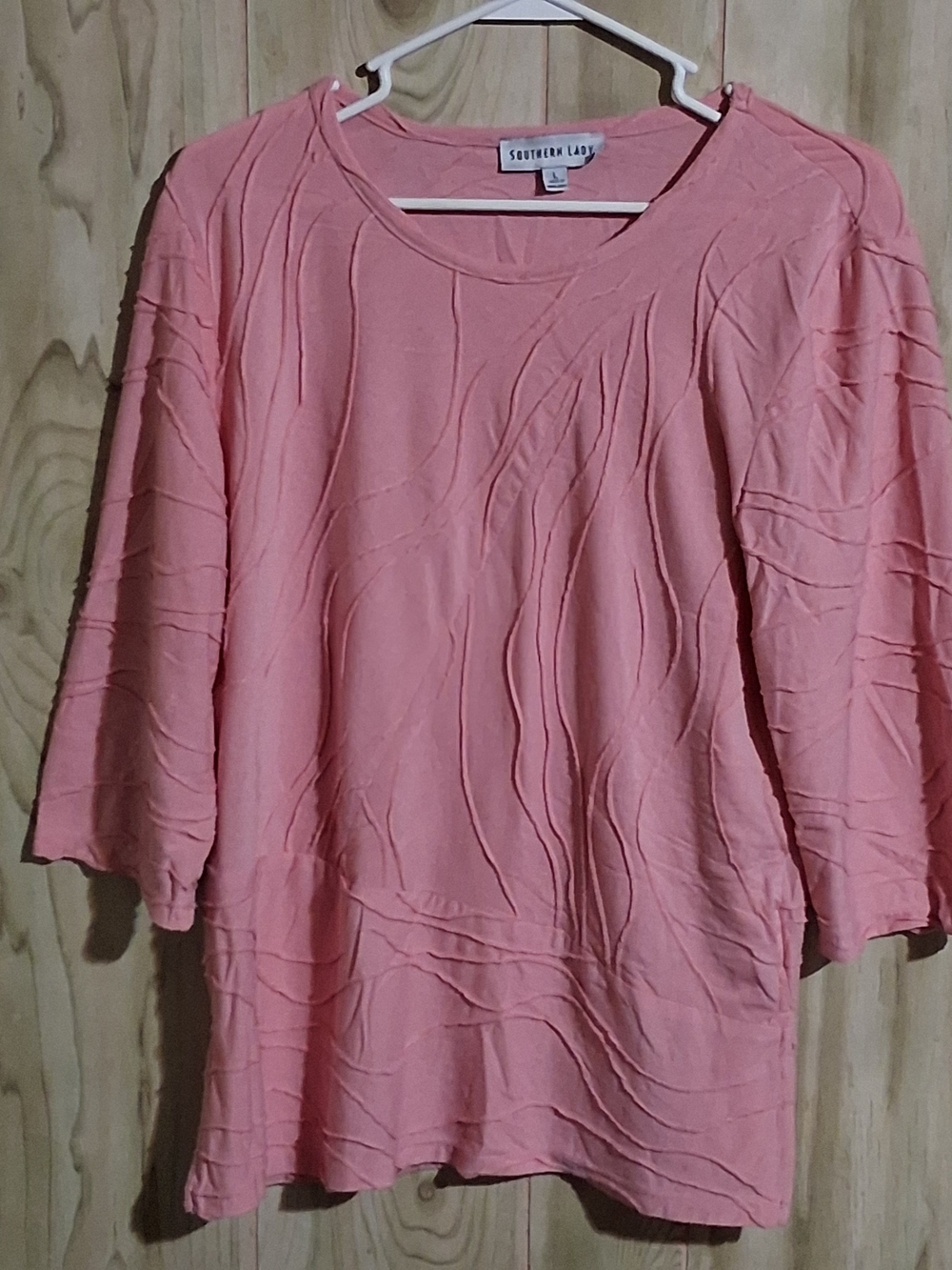 Southern Lady Coral-Pink Textured Round Neck Tunic Top